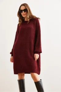 Olalook Women's Burgundy Crew Neck Balloon Sleeve Soft Textured Knitwear Tunic Dress - Image 2