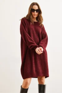 Olalook Women's Burgundy Crew Neck Balloon Sleeve Soft Textured Knitwear Tunic Dress - Image 3