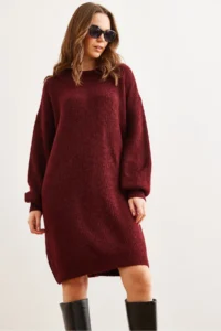 Olalook Women's Burgundy Crew Neck Balloon Sleeve Soft Textured Knitwear Tunic Dress - Image 4