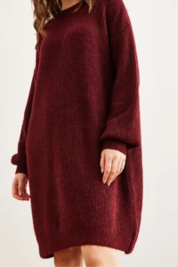 Olalook Women's Burgundy Crew Neck Balloon Sleeve Soft Textured Knitwear Tunic Dress - Image 5