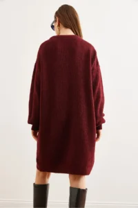 Olalook Women's Burgundy Crew Neck Balloon Sleeve Soft Textured Knitwear Tunic Dress - Image 6