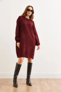 Olalook Women's Burgundy Crew Neck Balloon Sleeve Soft Textured Knitwear Tunic Dress - Image 7