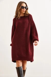 Olalook Women's Burgundy Crew Neck Balloon Sleeve Soft Textured Knitwear Tunic Dress - Image 8