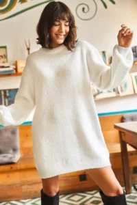 Olalook Women's Ecru Crew Neck Balloon Sleeve Soft Textured Knitwear Tunic Dress - Image 2