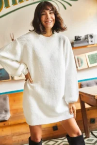 Olalook Women's Ecru Crew Neck Balloon Sleeve Soft Textured Knitwear Tunic Dress - Image 3