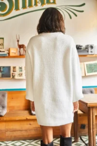 Olalook Women's Ecru Crew Neck Balloon Sleeve Soft Textured Knitwear Tunic Dress - Image 4