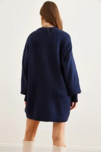 Olalook Navy Blue Crew Neck Balloon Sleeve Soft Textured Knitwear Tunic Dress - Image 7