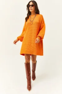 Olalook Women's Orange Crew Neck Balloon Sleeve Soft Textured Knitwear Tunic Dress