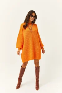 Olalook Women's Orange Crew Neck Balloon Sleeve Soft Textured Knitwear Tunic Dress - Image 2