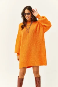 Olalook Women's Orange Crew Neck Balloon Sleeve Soft Textured Knitwear Tunic Dress - Image 3