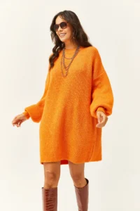 Olalook Women's Orange Crew Neck Balloon Sleeve Soft Textured Knitwear Tunic Dress - Image 4