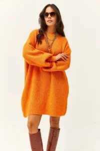 Olalook Women's Orange Crew Neck Balloon Sleeve Soft Textured Knitwear Tunic Dress - Image 5