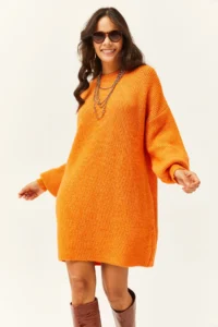 Olalook Women's Orange Crew Neck Balloon Sleeve Soft Textured Knitwear Tunic Dress - Image 6