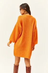 Olalook Women's Orange Crew Neck Balloon Sleeve Soft Textured Knitwear Tunic Dress - Image 7