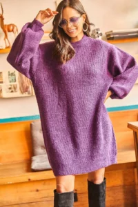 Olalook Women's Purple Crew Neck Balloon Sleeve Soft Textured Knitwear Tunic Dress