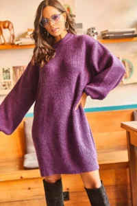 Olalook Women's Purple Crew Neck Balloon Sleeve Soft Textured Knitwear Tunic Dress - Image 2