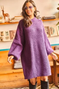 Olalook Women's Purple Crew Neck Balloon Sleeve Soft Textured Knitwear Tunic Dress - Image 3