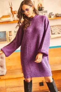 Olalook Women's Purple Crew Neck Balloon Sleeve Soft Textured Knitwear Tunic Dress - Image 4