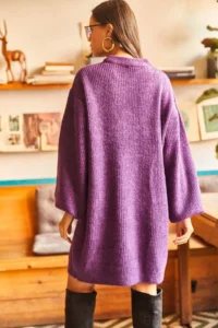Olalook Women's Purple Crew Neck Balloon Sleeve Soft Textured Knitwear Tunic Dress - Image 5
