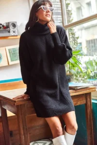 Olalook Women's Black Turtleneck Soft Textured Knitwear Tunic Dress