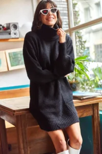 Olalook Women's Black Turtleneck Soft Textured Knitwear Tunic Dress - Image 2