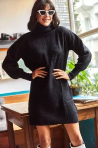 Olalook Women's Black Turtleneck Soft Textured Knitwear Tunic Dress - Image 3