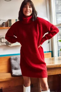Olalook Women's Burgundy Turtleneck Soft Textured Knitwear Tunic Dress - Image 2