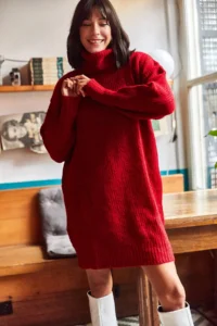Olalook Women's Burgundy Turtleneck Soft Textured Knitwear Tunic Dress - Image 3