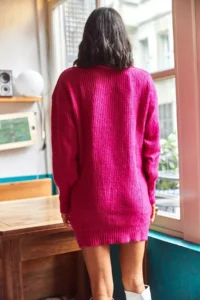 Olalook Women's Fuchsia Turtleneck Soft Textured Knitwear Tunic Dress - Image 6
