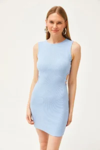 Olalook Women's Baby Blue Side Cut Out Detailed Lycra Mini Dress - Image 2