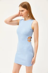 Olalook Women's Baby Blue Side Cut Out Detailed Lycra Mini Dress - Image 4