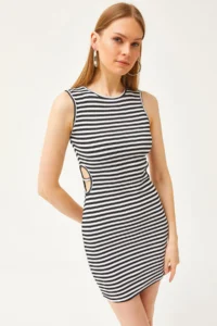 Olalook Women's Black and White Side Cut Out Detailed Lycra Mini Dress