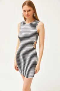 Olalook Women's Black and White Side Cut Out Detailed Lycra Mini Dress - Image 2