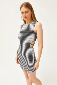 Olalook Women's Black and White Side Cut Out Detailed Lycra Mini Dress - Image 4