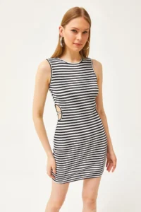 Olalook Women's Black and White Side Cut Out Detailed Lycra Mini Dress - Image 5