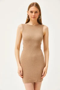 Olalook Women's Camel Side Cut Out Detailed Lycra Mini Dress - Image 2