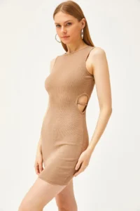 Olalook Women's Camel Side Cut Out Detailed Lycra Mini Dress - Image 3