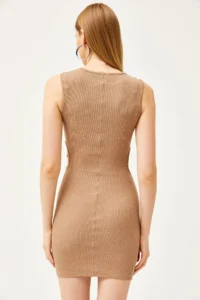 Olalook Women's Camel Side Cut Out Detailed Lycra Mini Dress - Image 6