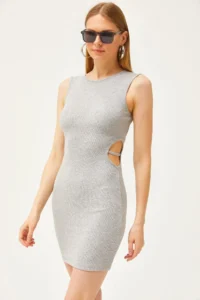 Olalook Women's Gray Side Cut Out Detailed Lycra Mini Dress
