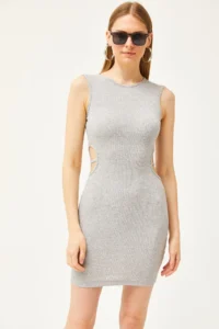 Olalook Women's Gray Side Cut Out Detailed Lycra Mini Dress - Image 2