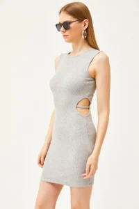 Olalook Women's Gray Side Cut Out Detailed Lycra Mini Dress - Image 3