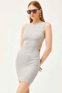 Olalook Women's Gray Side Cut Out Detailed Lycra Mini Dress - Image 4