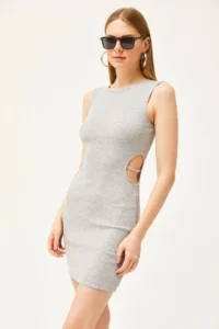 Olalook Women's Gray Side Cut Out Detailed Lycra Mini Dress - Image 5