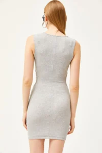 Olalook Women's Gray Side Cut Out Detailed Lycra Mini Dress - Image 6