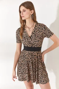 Olalook Women's Leopard Beige Double Breasted Collar Flared Dress - Image 2