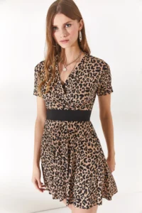 Olalook Women's Leopard Beige Double Breasted Collar Flared Dress - Image 3