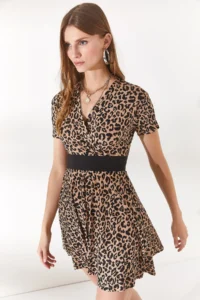 Olalook Women's Leopard Beige Double Breasted Collar Flared Dress - Image 4