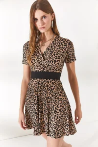 Olalook Women's Leopard Beige Double Breasted Collar Flared Dress - Image 5