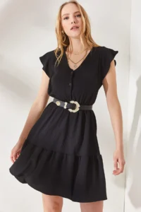 Olalook Women's Black Frilly Sleeve Buttoned Mini Dress with Elastic Waist