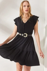 Olalook Women's Black Frilly Sleeve Buttoned Mini Dress with Elastic Waist - Image 2